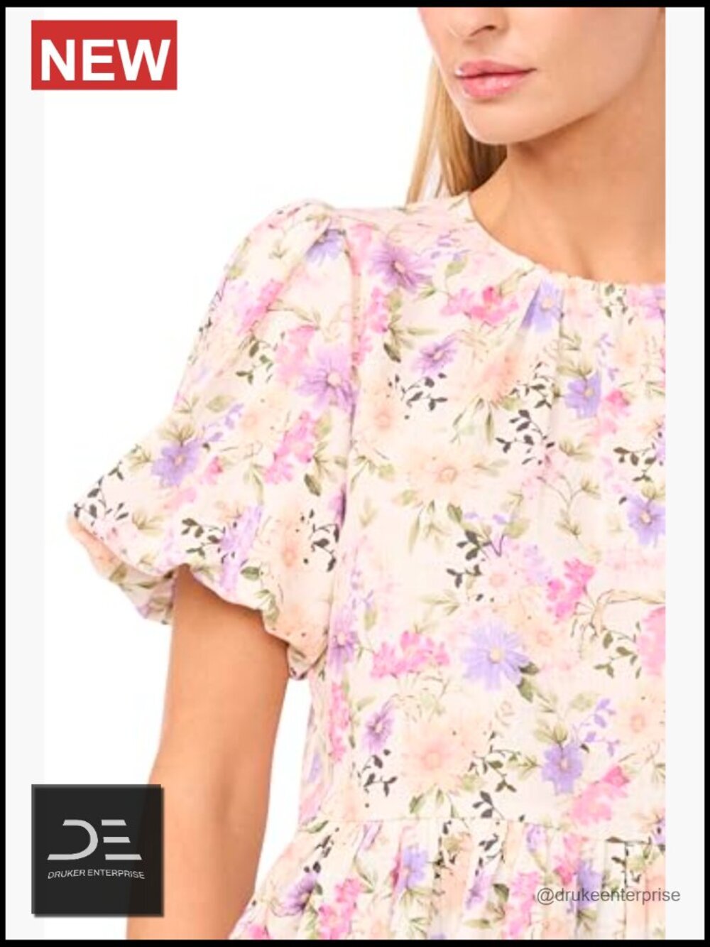 Floral Puff Sleeve Crew Neck Peplum Top Blouse - Picture 3 of 6
